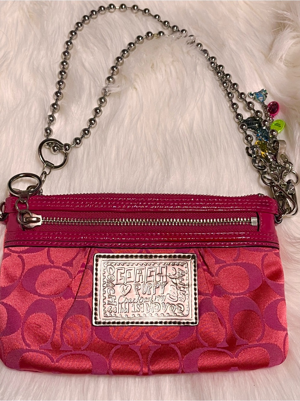 Coach Pink Signature Poppy mini bag with Silver Ball Chain Shoulder Strap